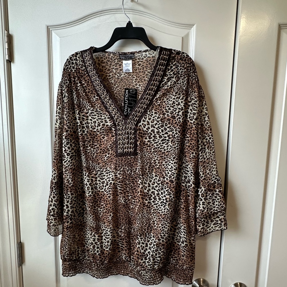 Evolution JMS-Brown Black‎ Tan Cheetah Semi-Sheer Long Sleeve Top